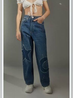 BDG Dark Blue Embroidered Wide Leg Denim Jeans Size 25 Y2K Star Moon Statement